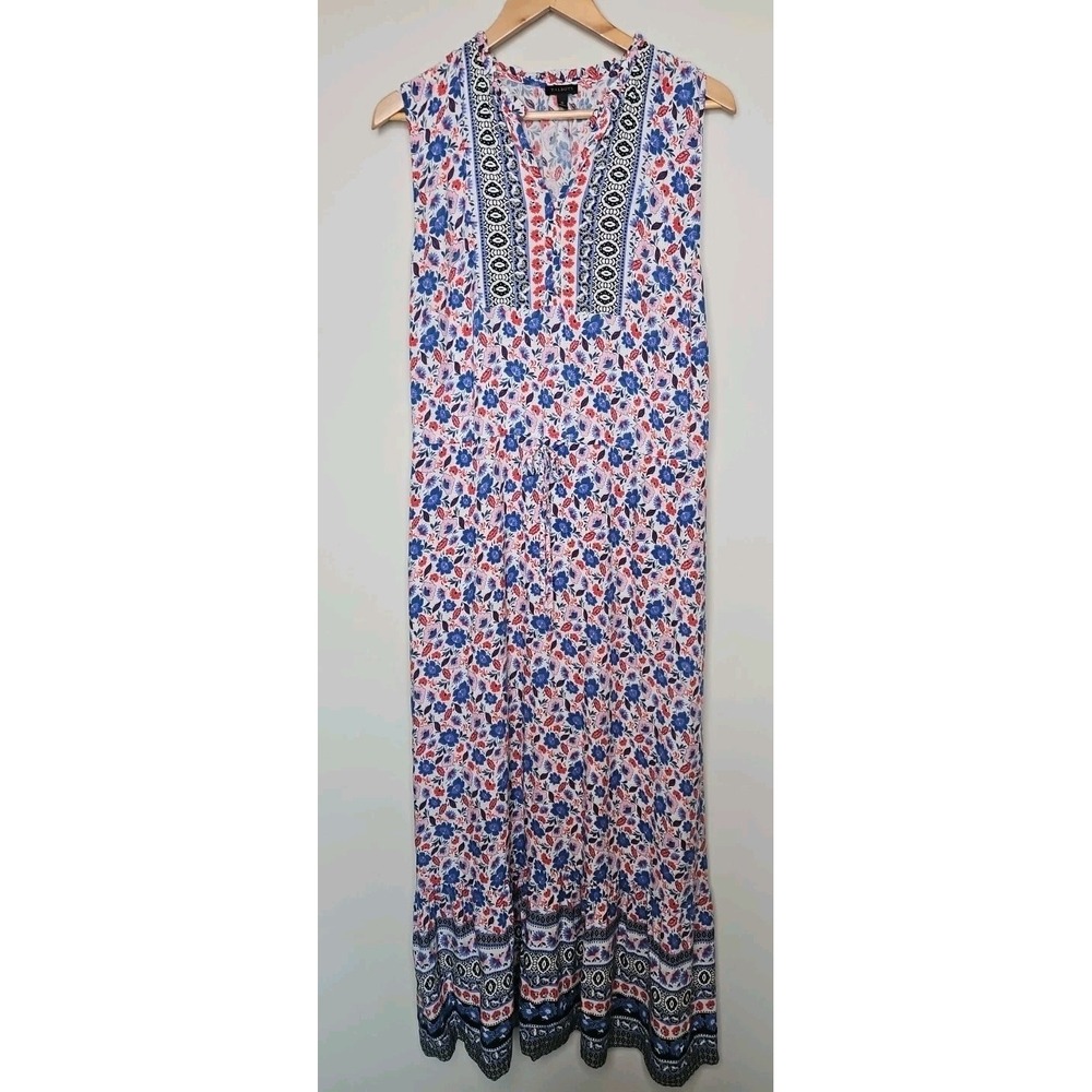 Talbots Dress 12 Pink Blue Floral Maxi Tie Waist Coastal Boho Resort Vacation